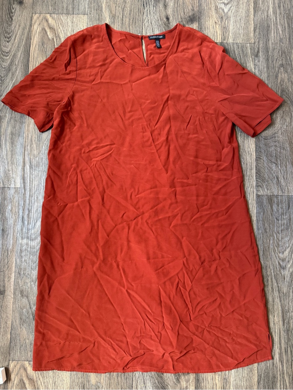 Eileen Fisher Rust Solid Woven Lyocell Crew Neck Shift Dress Knee Length L